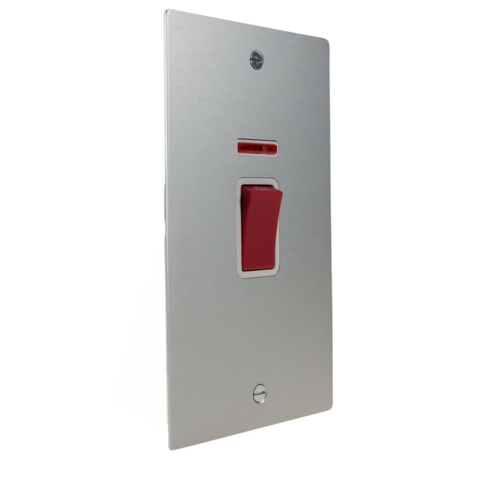 Satin Silver Metal Flat Plate Double Pole Cooker Switch with Neon on a Vertical Twin Plate White