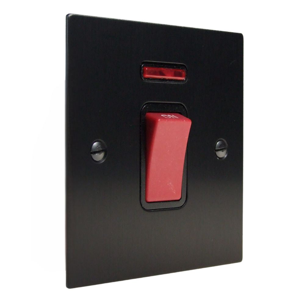 Satin Black Metal Flat Plate Double Pole Cooker Switch with Neon on a Single Plate Black