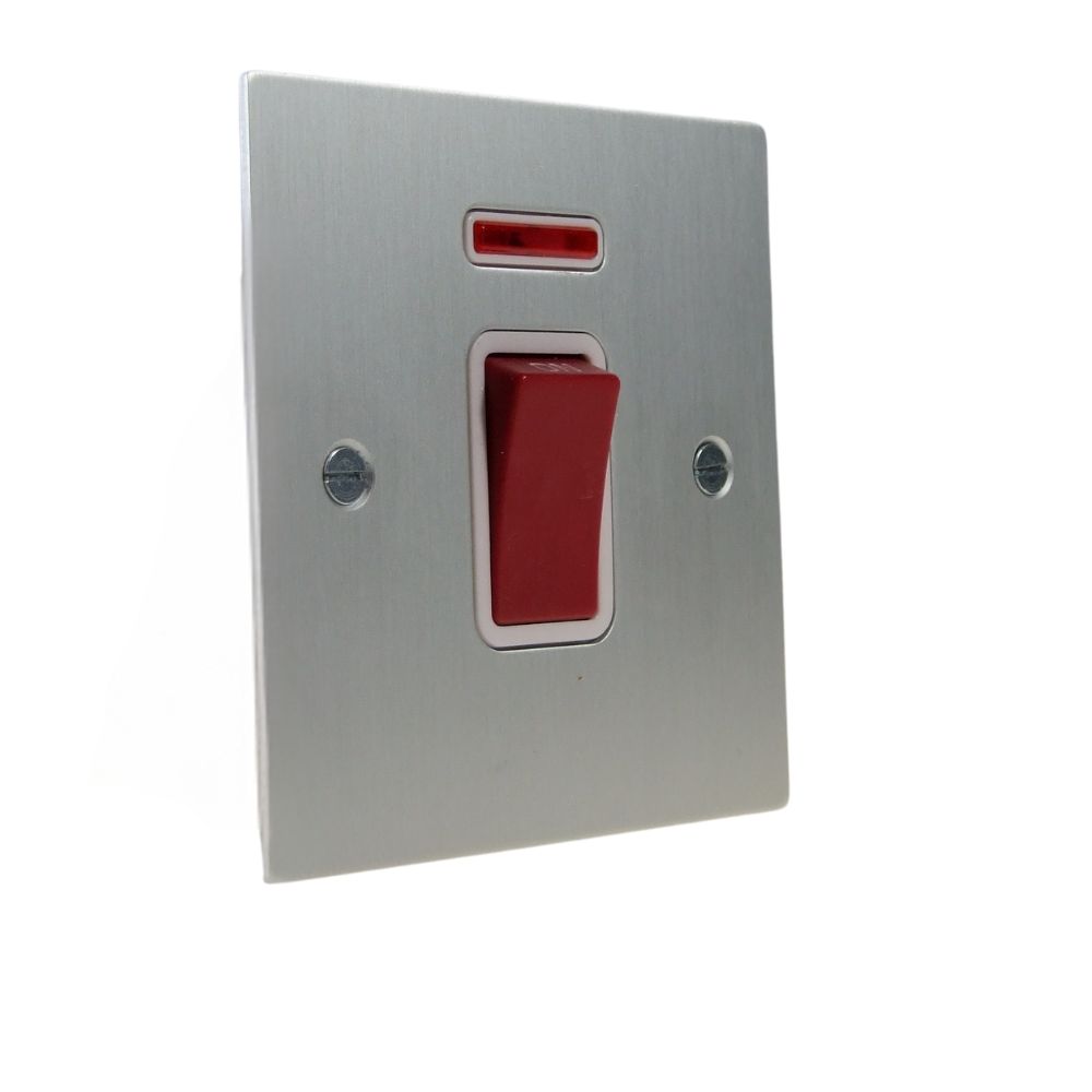 Satin Silver Metal Flat Plate Double Pole Cooker Switch with Neon on a Single Plate White
