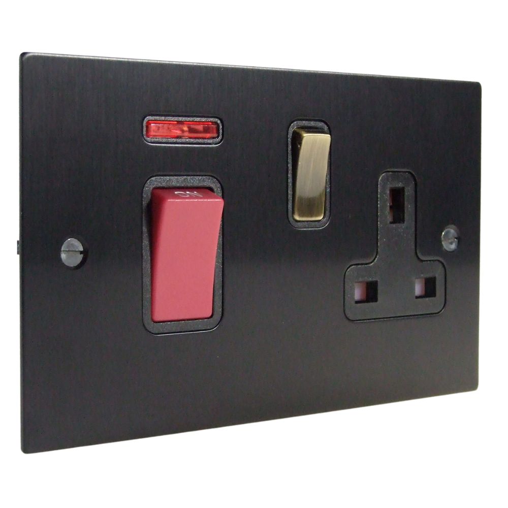 Satin Black Metal Flat Plate Double Pole Cooker Switch with Neon and Single Switched Socket Antique Brass and Black