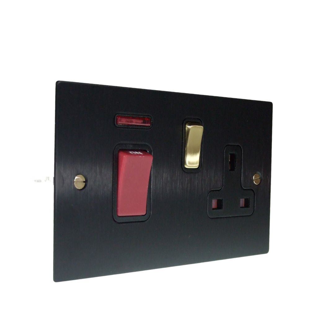 Satin Black Metal Flat Plate Double Pole Cooker Switch with Neon and Single Switched Socket Polished Brass and Black