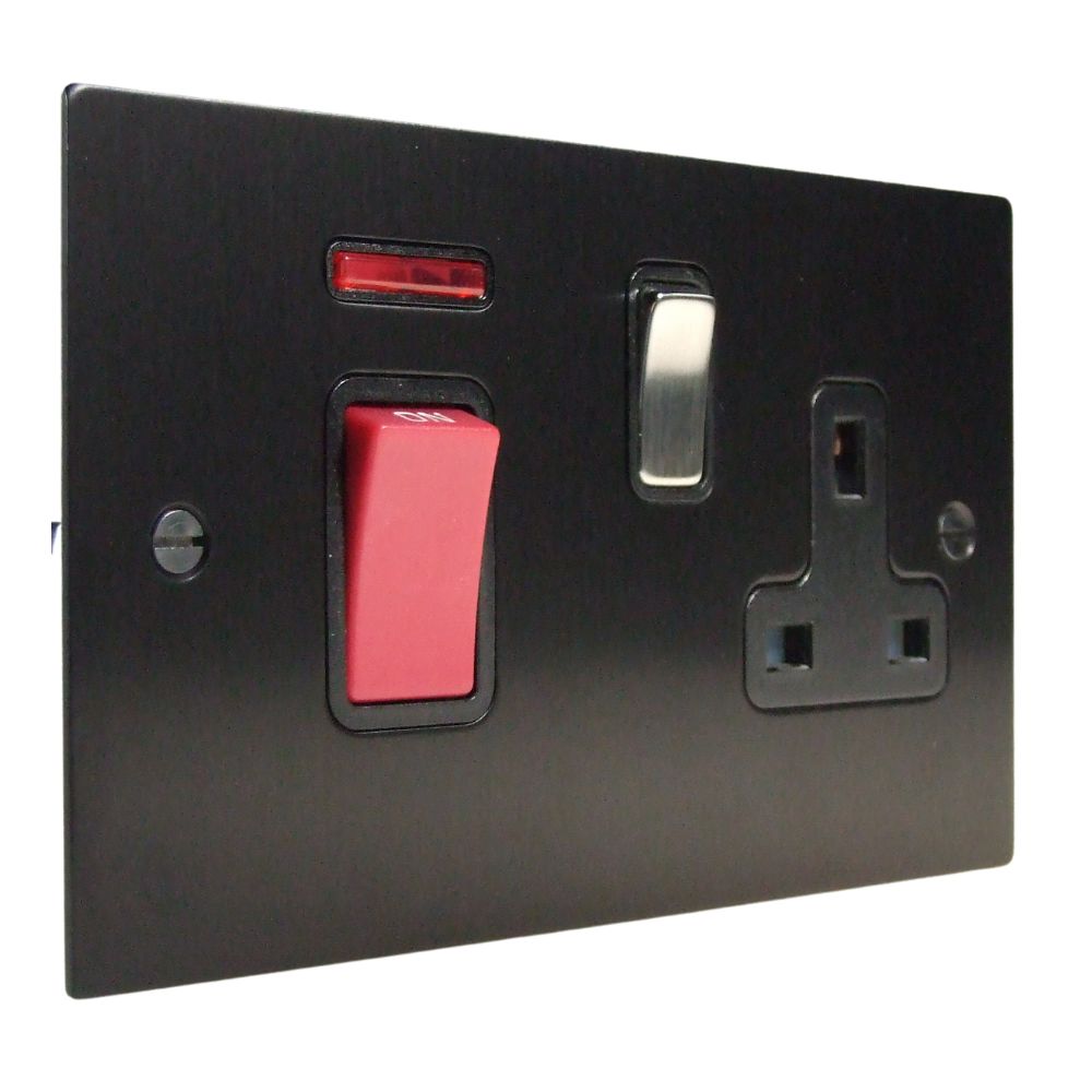 Satin Black Metal Flat Plate Double Pole Cooker Switch with Neon and Single Switched Socket Satin Stainless and Black