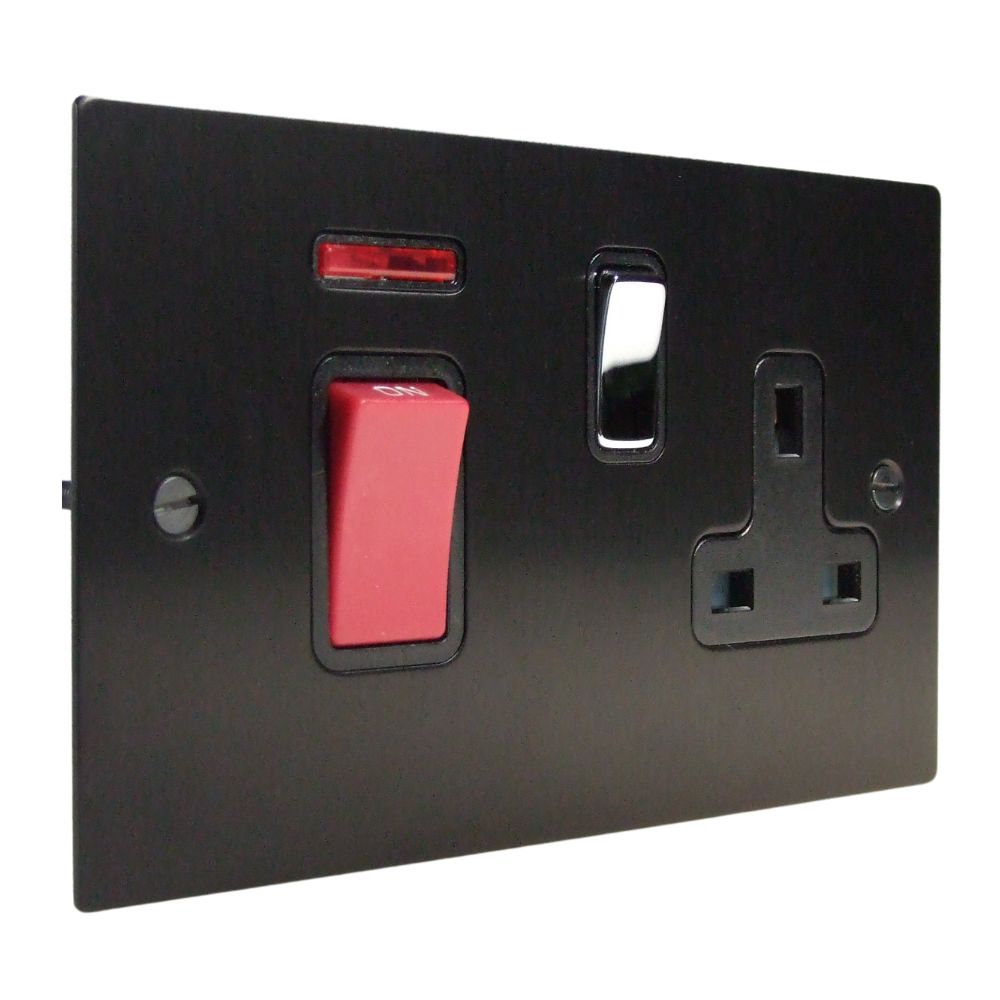 Satin Black Metal Flat Plate Double Pole Cooker Switch with Neon and Single Switched Socket Polished Chrome and Black