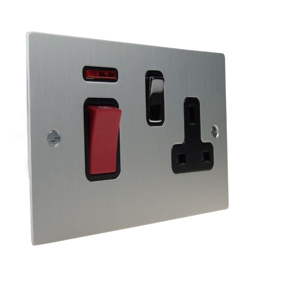 Satin Silver Metal Flat Plate Double Pole Cooker Switch with Neon and Single Switched Socket Polished Chrome and Black