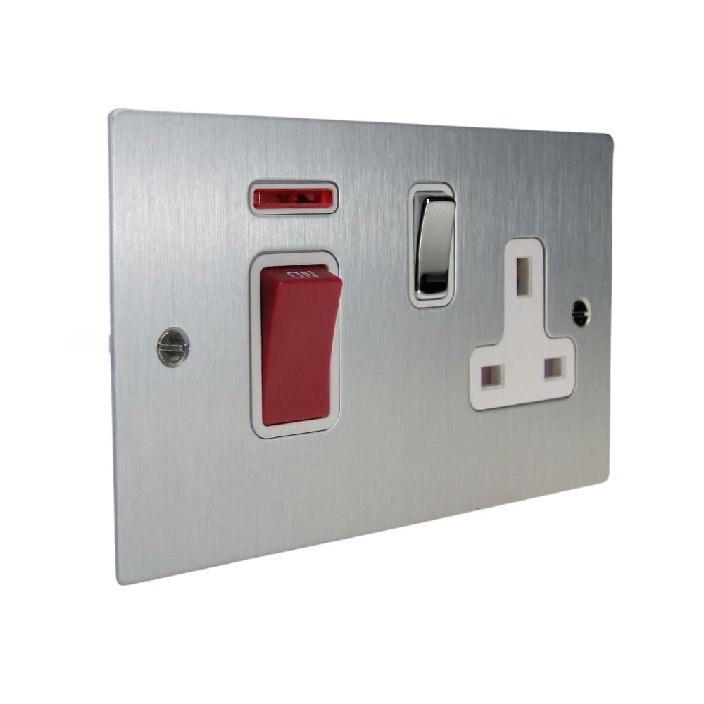 Satin Silver Metal Flat Plate Double Pole Cooker Switch with Neon and Single Switched Socket  Polished Chrome and White
