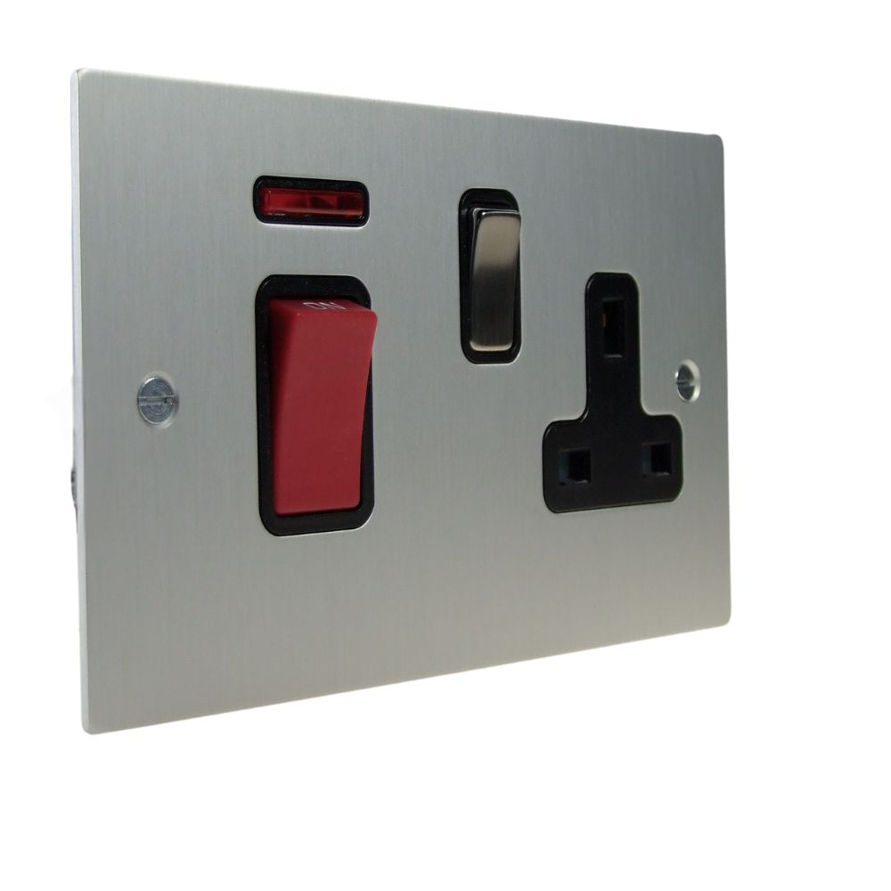 Satin Silver Metal Flat Plate Double Pole Cooker Switch with Neon and Single Switched Socket Satin Stainless and Black
