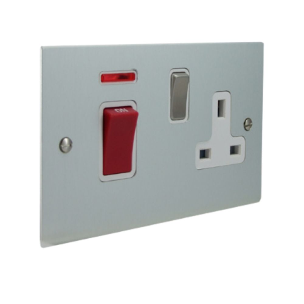 Satin Silver Metal Flat Plate Double Pole Cooker Switch with Neon and Single Switched Socket Satin Stainless and White