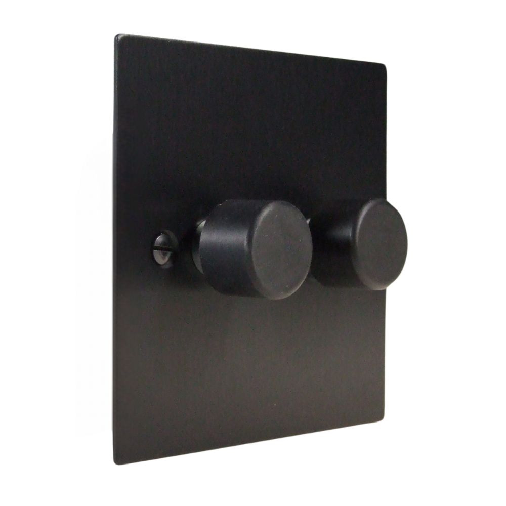 Satin Black Metal Flat Plate Double LED Dimmer Light Switch Matching Caps