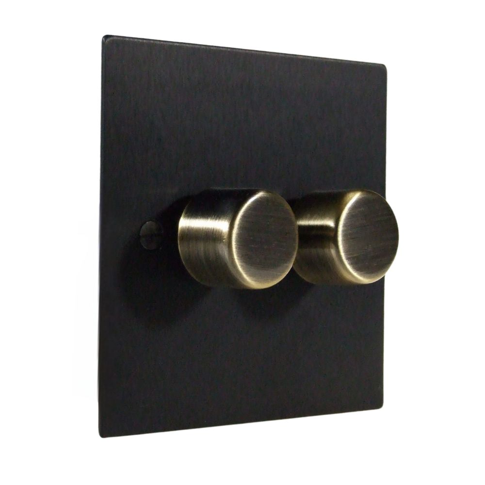 Satin Black Metal Flat Plate Double LED Dimmer Light Switch Antique Brass Caps