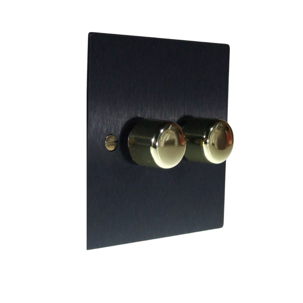 Satin Black Metal Flat Plate Double 252W Dimmer Light Switch Polished Brass Caps