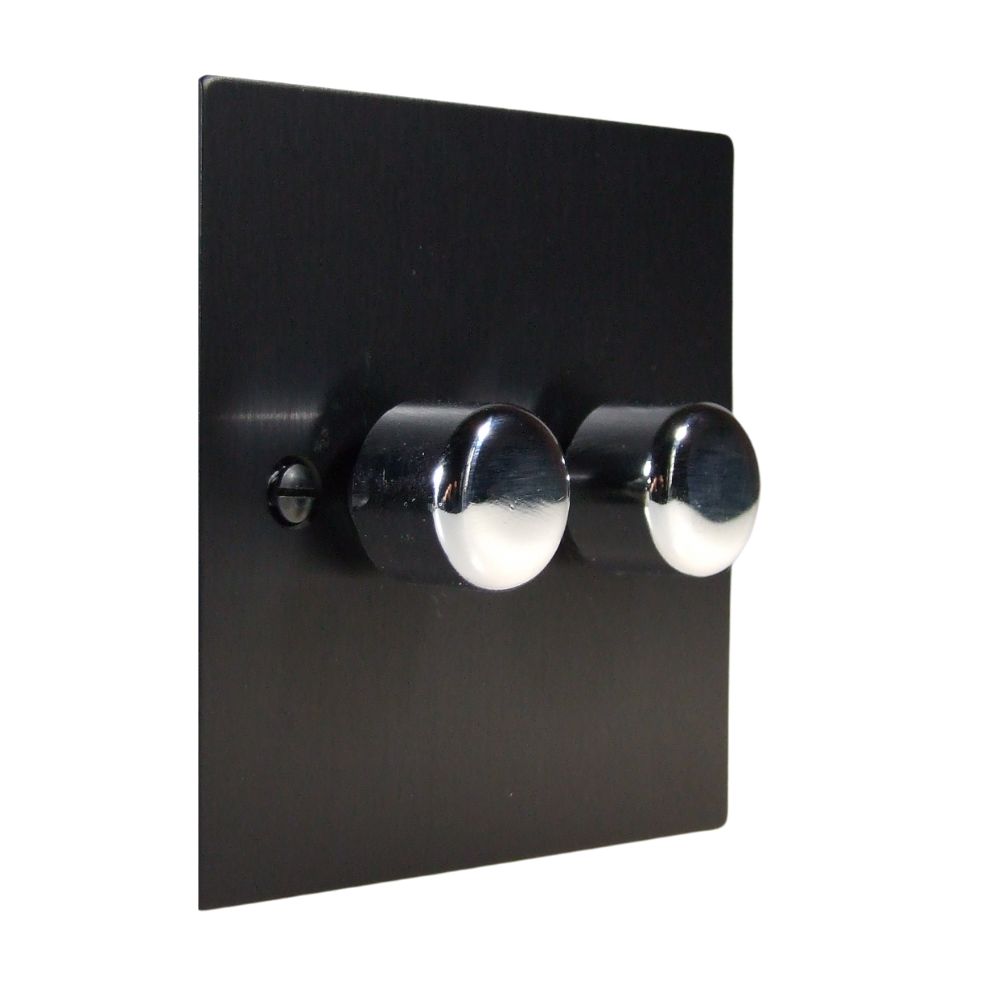 Satin Black Metal Flat Plate Double 400W Dimmer Light Switch Polished Chrome Caps