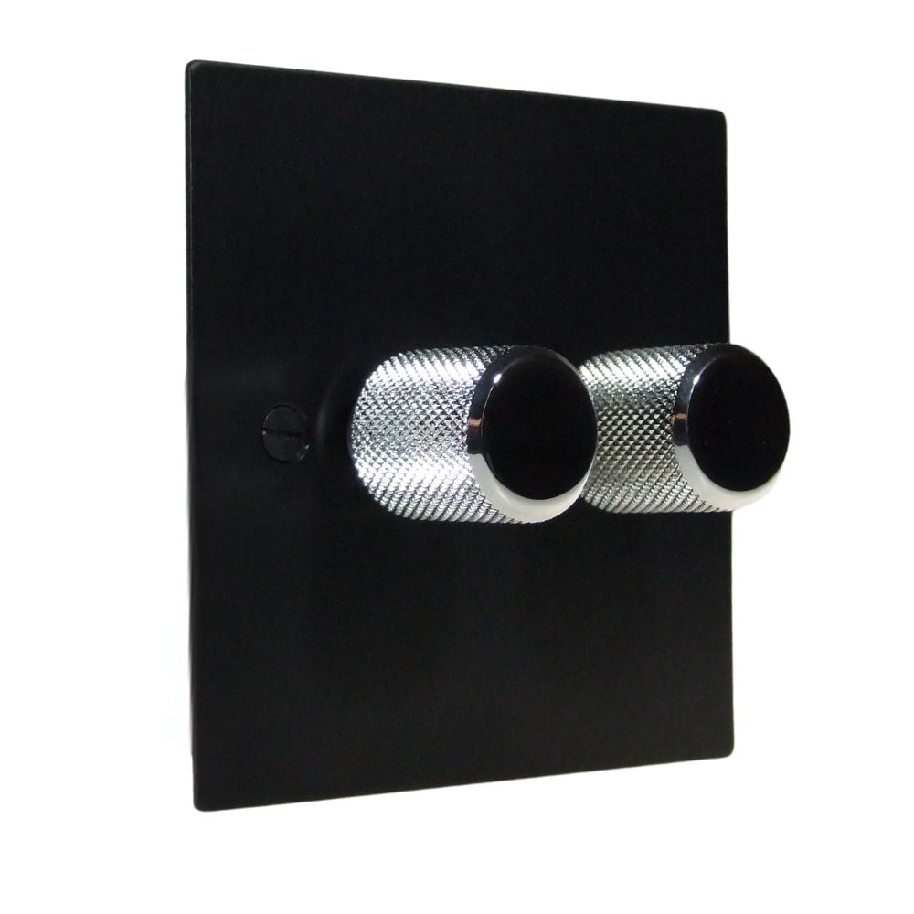 Satin Black Metal Flat Plate Double LED Dimmer Light Switch Retro Chrome Caps