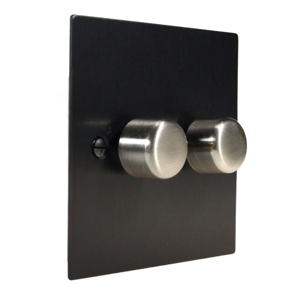 Satin Black Metal Flat Plate Double 400W Dimmer Light Switch Satin Stainless Caps