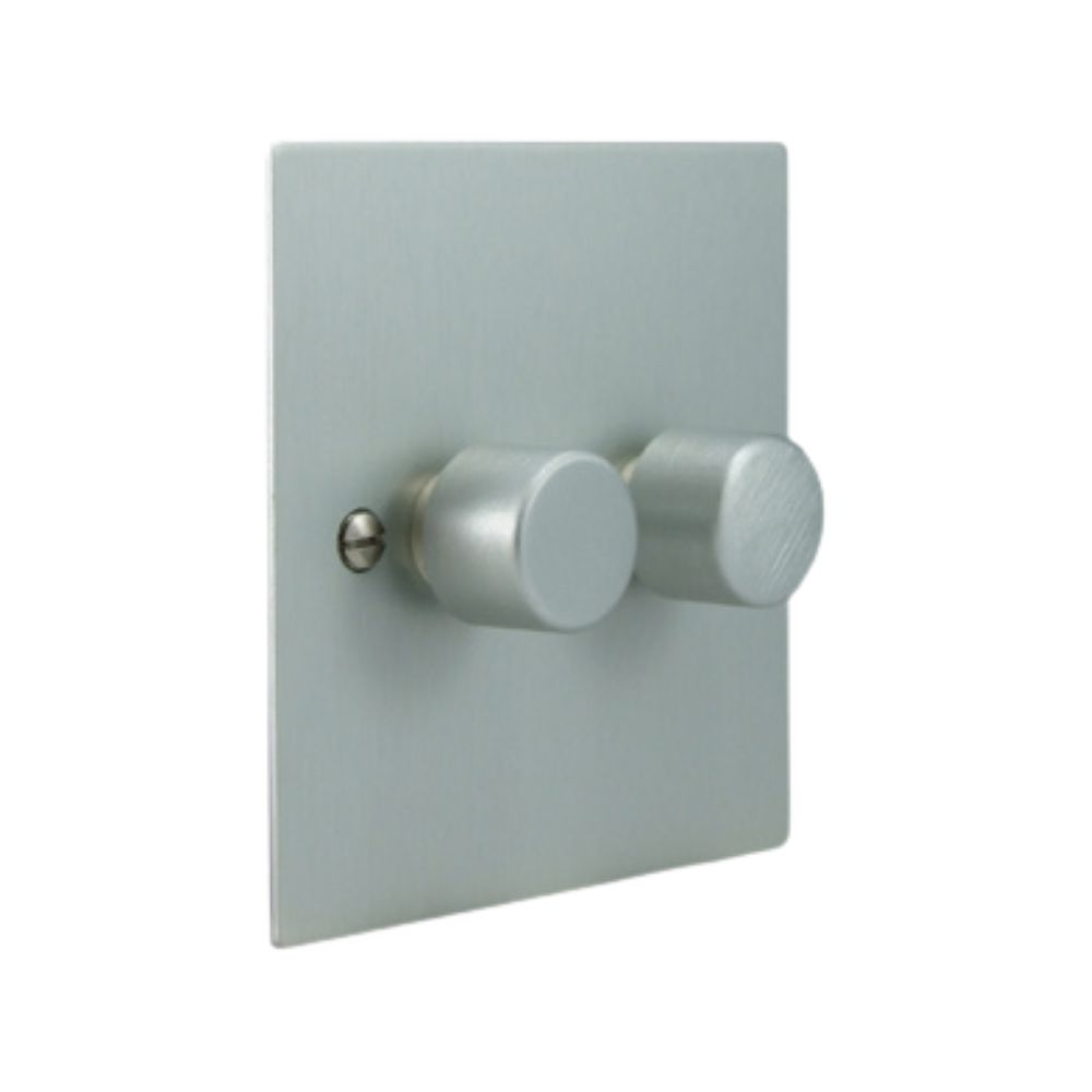 Satin Silver Metal Flat Plate Double 400W Dimmer Light Switch Satin Stainless Caps
