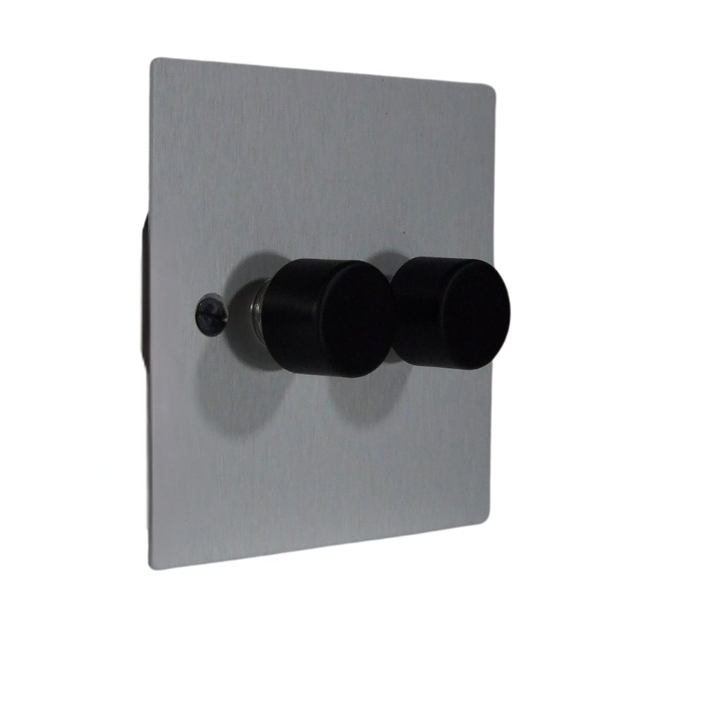 Satin Silver Metal Flat Plate Double LED Dimmer Light Switch Black Caps