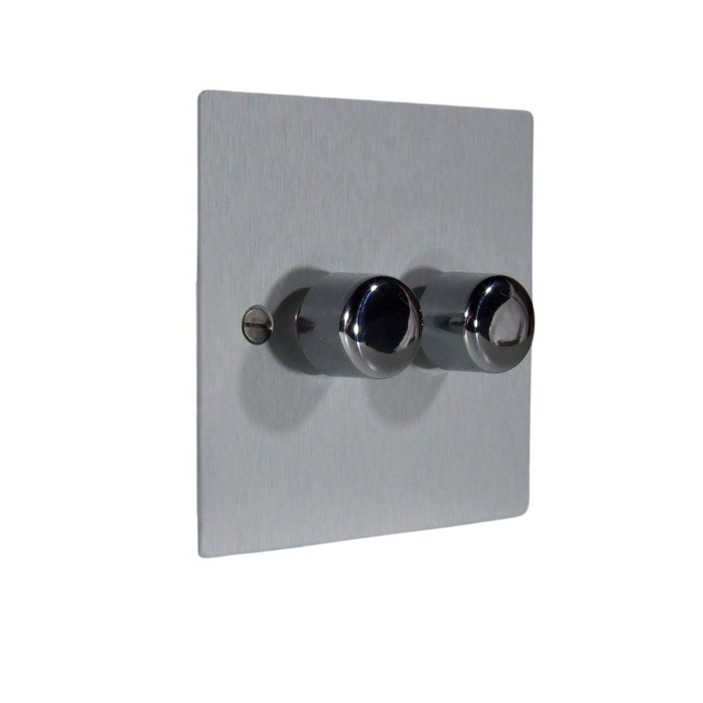 Satin Silver Metal Flat Plate Double LED Dimmer Light Switch Polished Chrome Caps