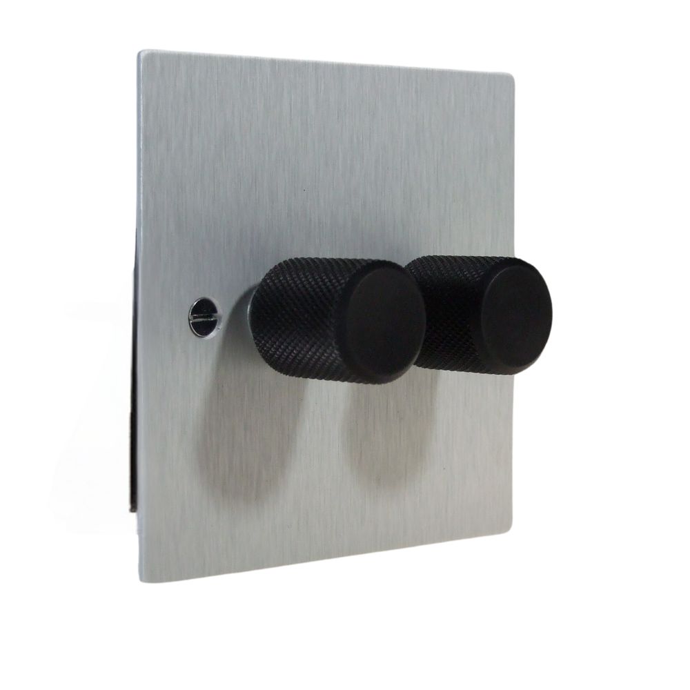 Satin Silver Metal Flat Plate Double 253W Dimmer Light Switch Retro Black Caps