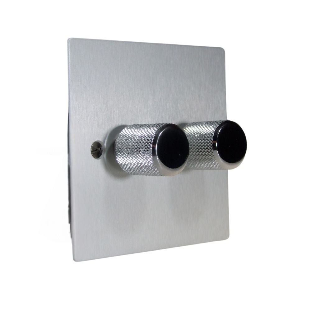 Satin Silver Metal Flat Plate Double 400W Dimmer Light Switch Retro Chrome Caps