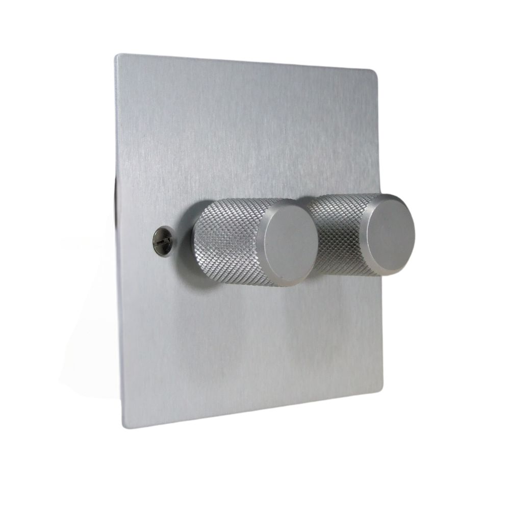 Satin Silver Metal Flat Plate Double 255W Dimmer Light Switch Retro Satin Stainless Caps