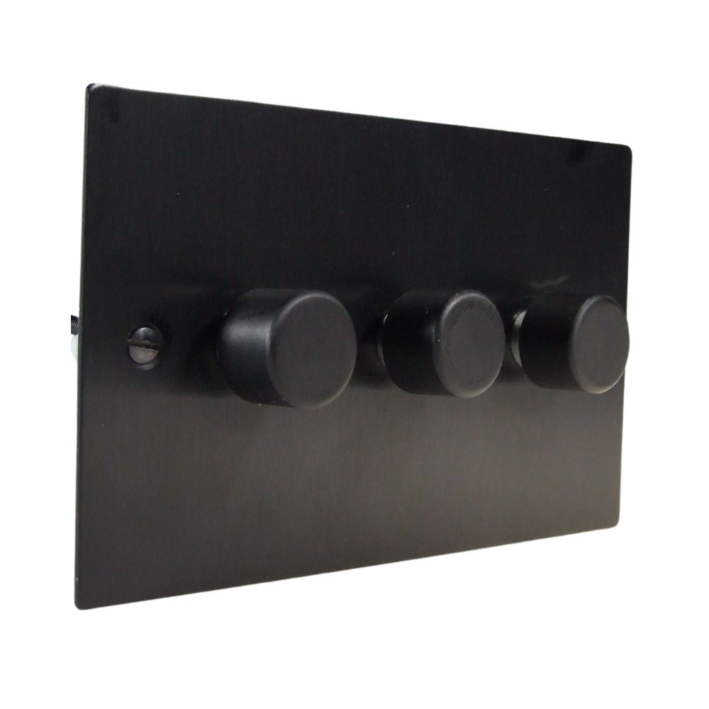 Satin Black Metal Flat Plate Triple LED Dimmer Light Switch Matching Caps