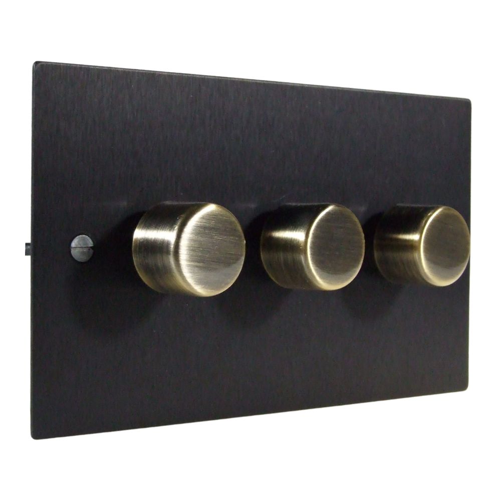 Satin Black Metal Flat Plate Triple LED Dimmer Light Switch Antique Brass Caps