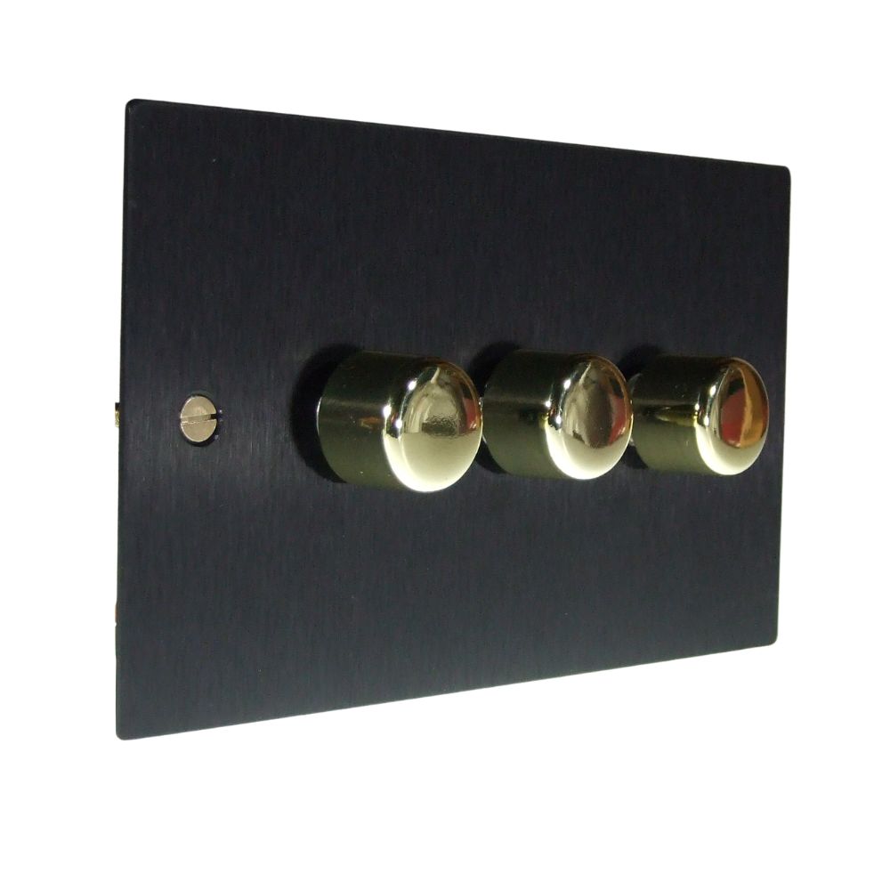 Satin Black Metal Flat Plate Triple 252W Dimmer Light Switch Polished Brass Caps