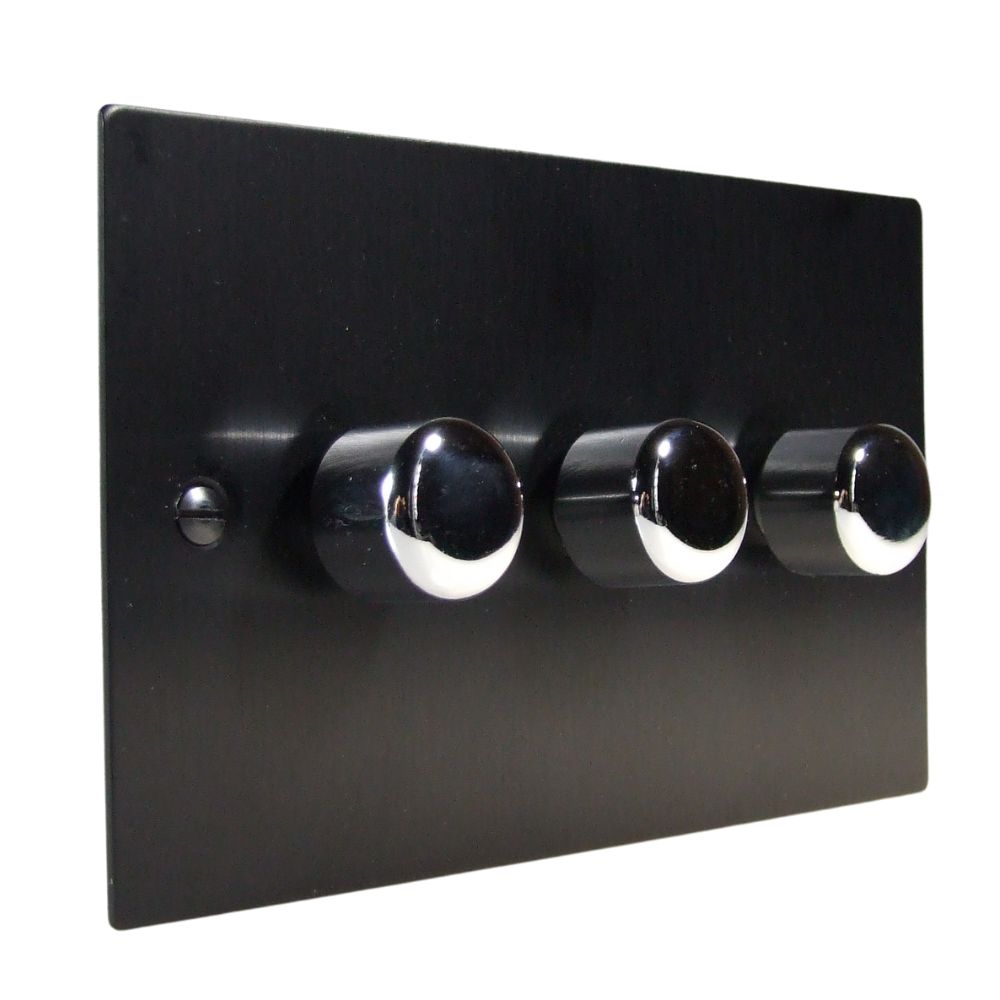 Satin Black Metal Flat Plate Triple LED Dimmer Light Switch Polished Chrome Caps