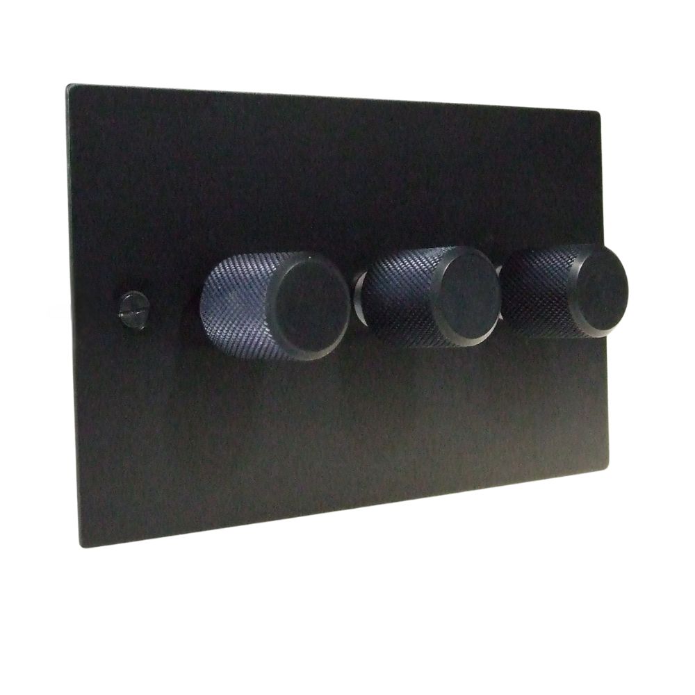 Satin Black Metal Flat Plate Triple LED Dimmer Light Switch Retro Black Caps