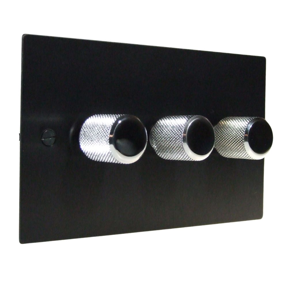 Satin Black Metal Flat Plate Triple 255W Dimmer Light Switch Retro Polished Chrome Caps