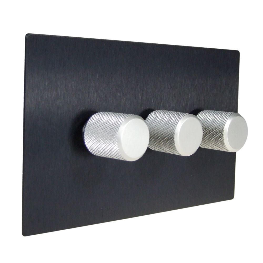 Satin Black Metal Flat Plate Triple LED Dimmer Light Switch Retro Satin Caps