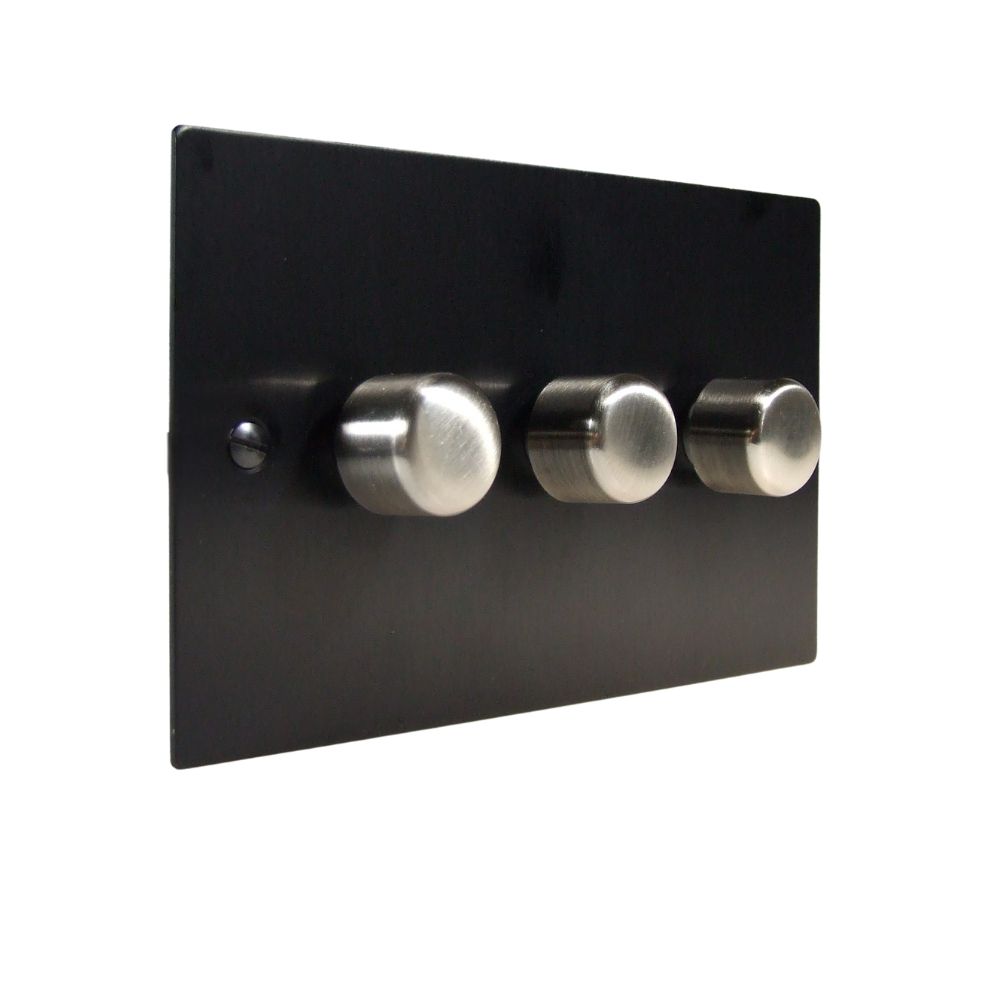 Satin Black Metal Flat Plate Triple LED Dimmer Light Switch Satin Stainless Caps