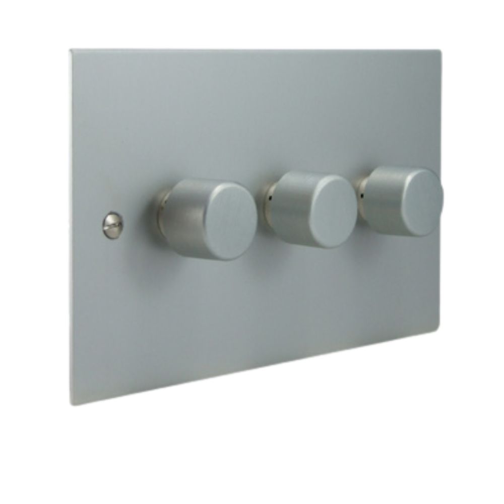 Satin Silver Metal Flat Plate Triple 250W Dimmer Light Switch Satin Stainless Caps