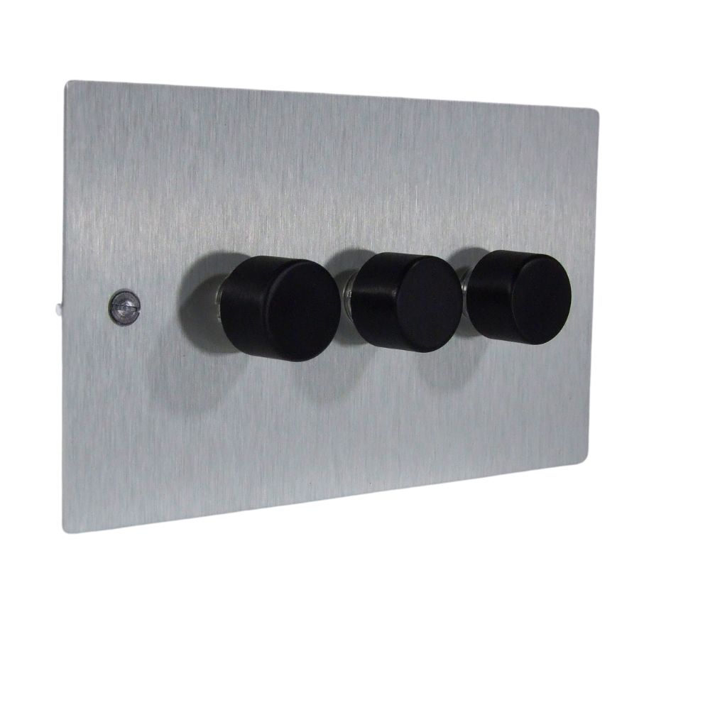 Satin Silver Metal Flat Plate Triple 251W Dimmer Light Switch Black Caps