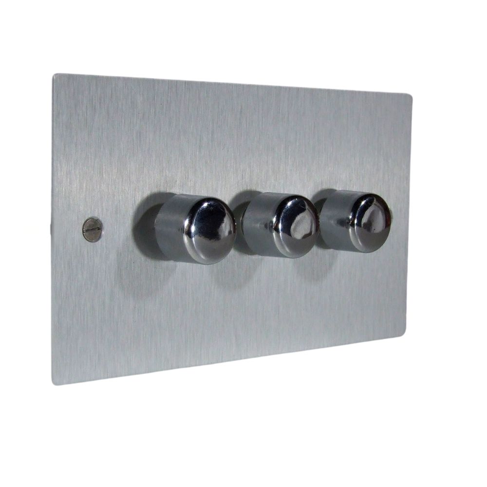 Satin Silver Metal Flat Plate Triple LED Dimmer Light Switch Polished Chrome Caps