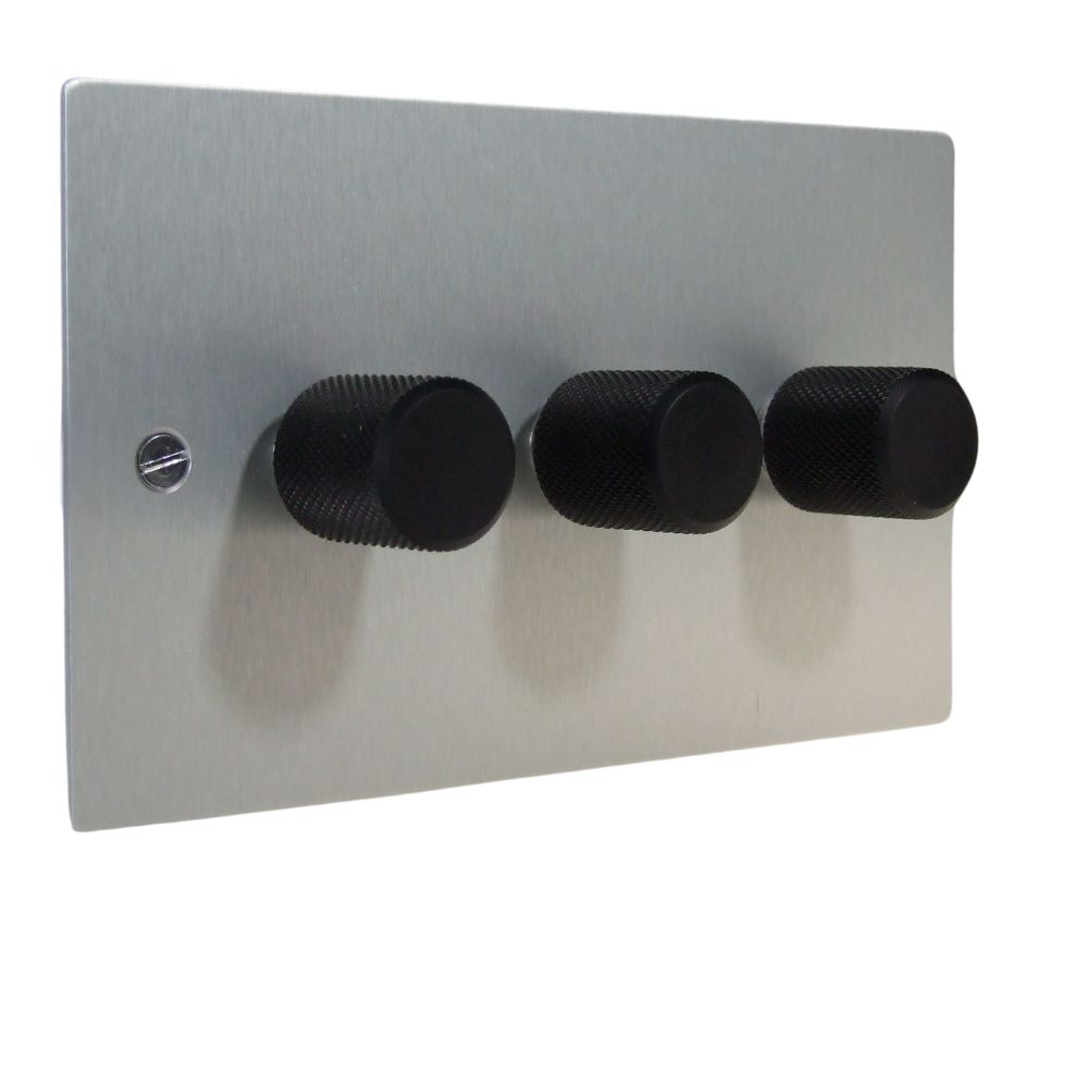 Satin Silver Metal Flat Plate Triple 253W Dimmer Light Switch Retro Black Caps