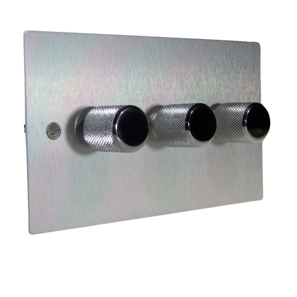 Satin Silver Metal Flat Plate Triple 254W Dimmer Light Switch Retro Chrome Caps