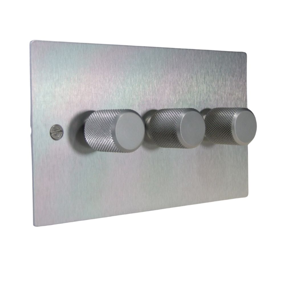 Satin Silver Metal Flat Plate Triple 255W Dimmer Light Switch Retro Satin Stainless Caps