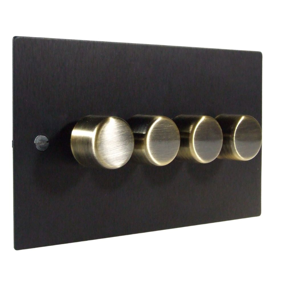 Satin Black Metal Flat Plate 4 Switch 251W Dimmer Light Switch Antique Brass Caps