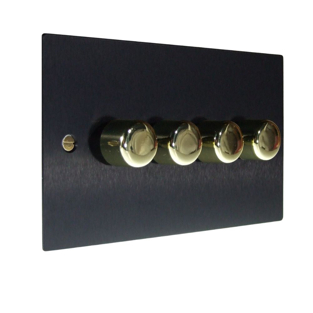 Satin Black Metal Flat Plate 4 Switch 252W Dimmer Light Switch Polished Brass Caps