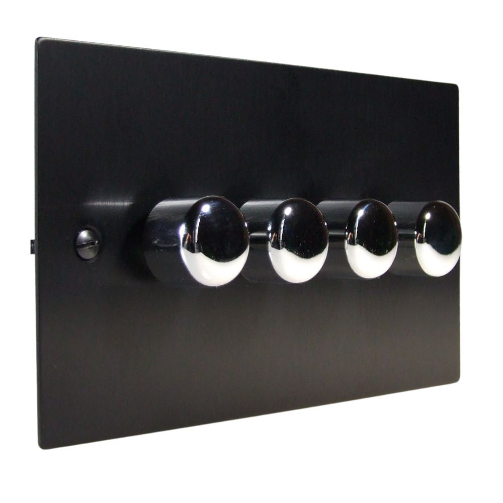 Satin Black Metal Flat Plate 4 Switch 253W Dimmer Light Switch Polished Chrome Caps