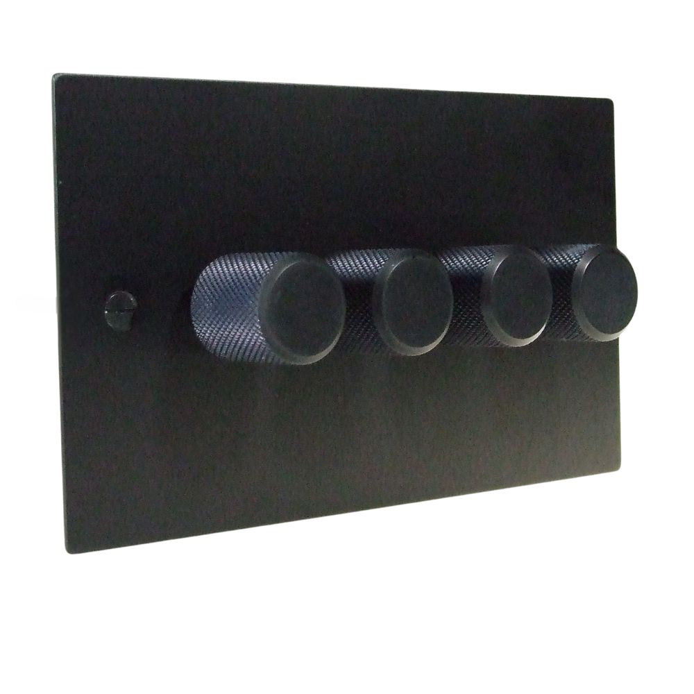 Satin Black Metal Flat Plate 4 Switch LED Dimmer Light Switch Retro Black Caps