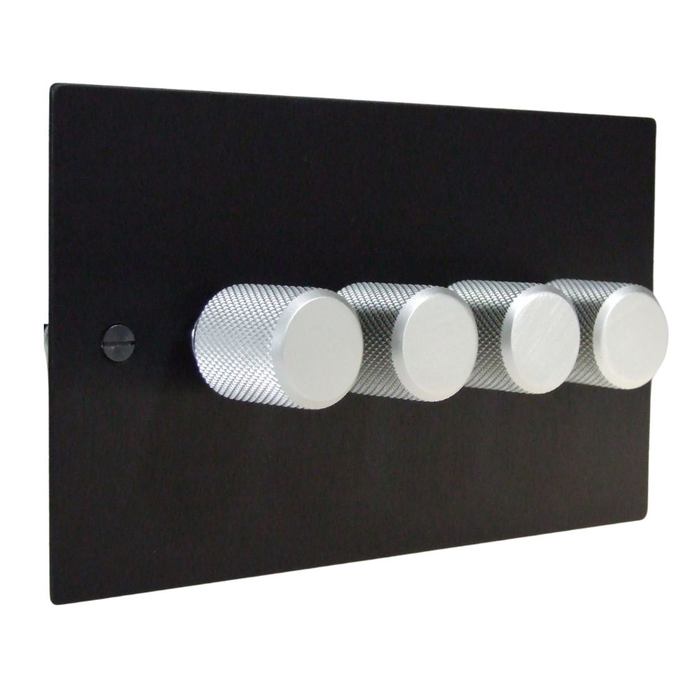 Satin Black Metal Flat Plate 4 Switch 255W Dimmer Light Switch Retro Satin Caps
