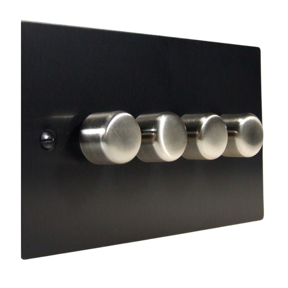 Satin Black Metal Flat Plate 4 Switch LED Dimmer Light Switch Satin Stainless Caps