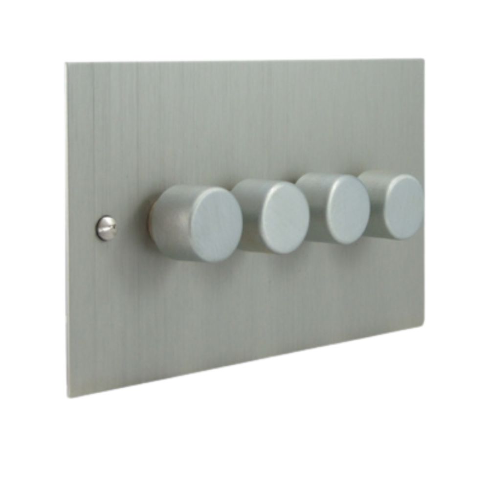 Satin Silver Metal Flat Plate 4 250W Dimmer Light Switch Satin Stainless Caps
