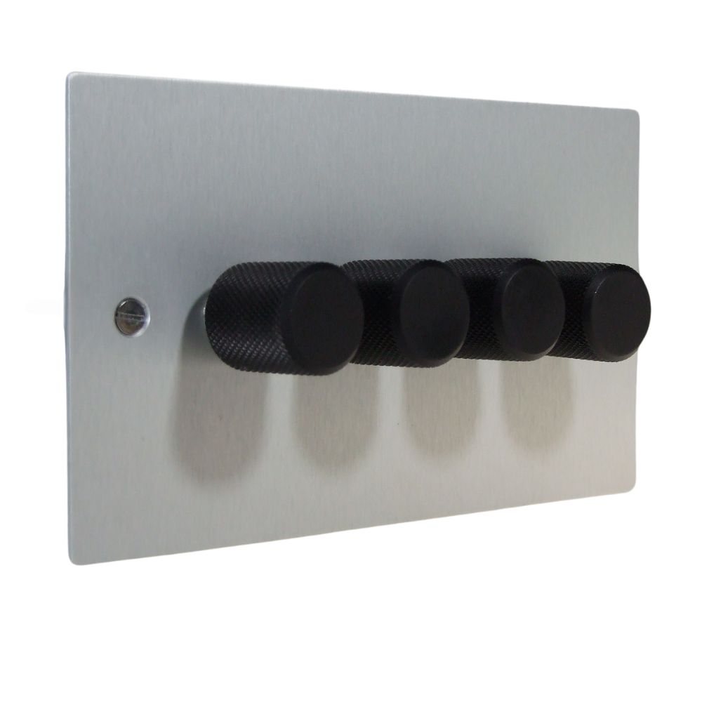Satin Silver Metal Flat Plate 4 250W Dimmer Light Switch Retro Black Caps