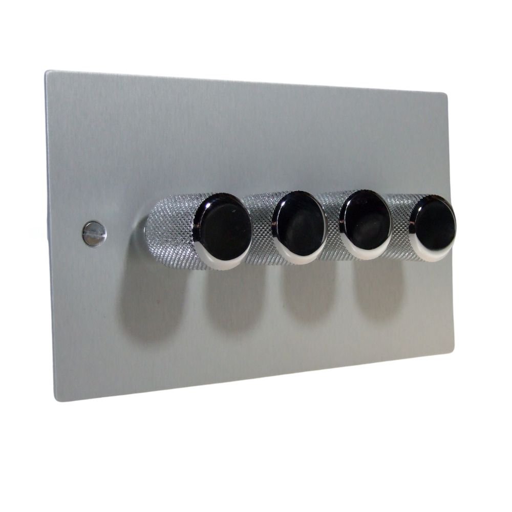 Satin Silver Metal Flat Plate 4 250W Dimmer Light Switch Retro Chrome Caps