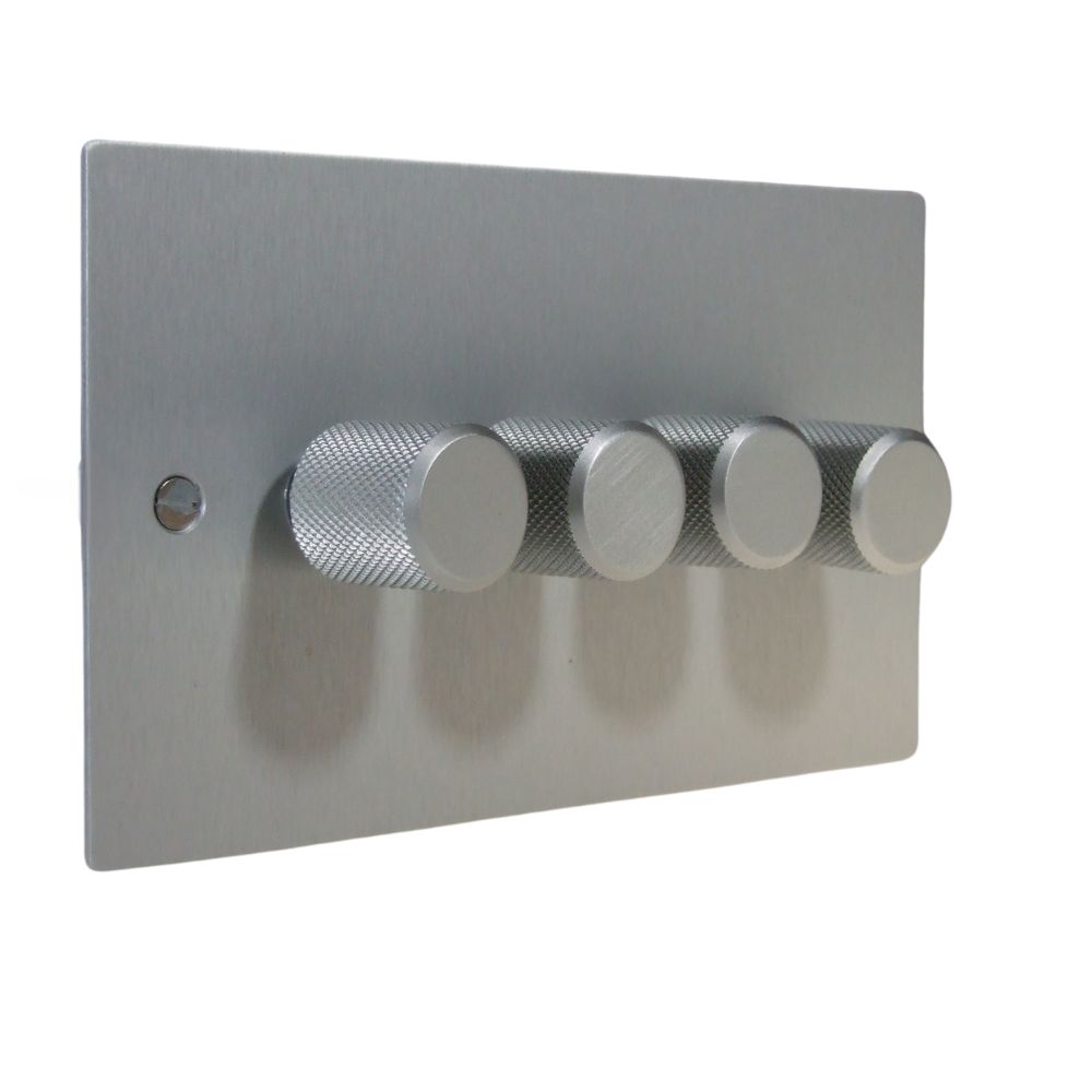 Satin Silver Metal Flat Plate 4 250W Dimmer Light Switch Retro Satin Stainless Caps