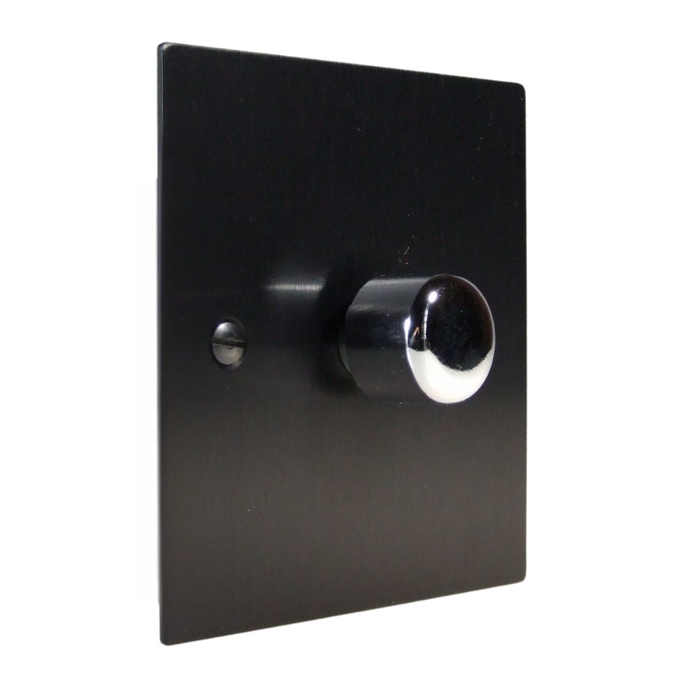 Satin Black Metal Flat Plate Single LED Dimmer Light Switch Polished Chrome Cap