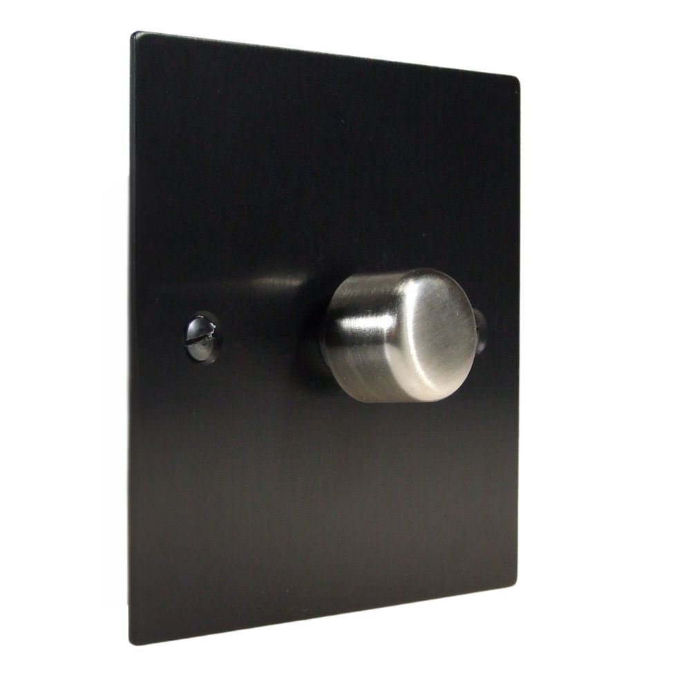 Satin Black Metal Flat Plate Single 400W Dimmer Light Switch Satin Stainless Caps