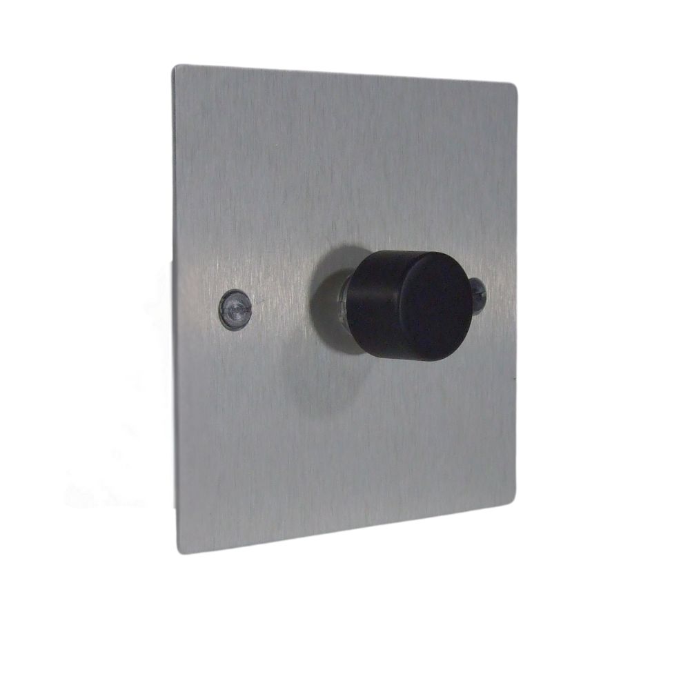 Satin Silver Metal Flat Plate Single 400W Dimmer Light Switch Black Caps
